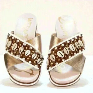 Sam Edelman Austen White Seashell & Gold Crossband Sandal NWOT